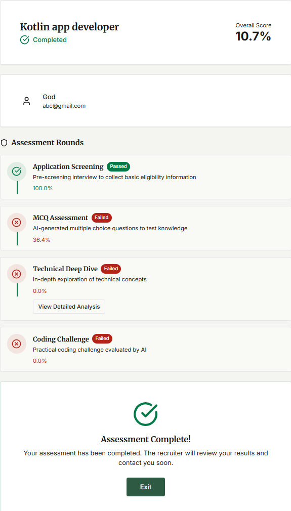 VOIZA Assessment Results — Round-by-round performance breakdown with pass/fail status and detailed analysis